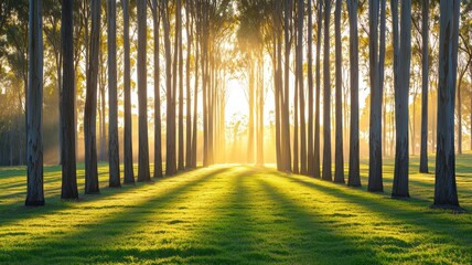 Fototapeta premium Serene Sunrise Golden Light Through Majestic Tree Avenue in Lush Green Meadow