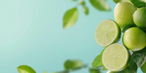 A close up of a lime with a blue background. The lime is cut in half and the other half is visible