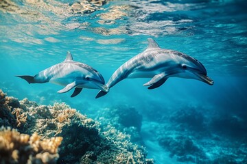 Fototapeta premium Dolphins in sustainable protected ocean Realistic marine conservation photography