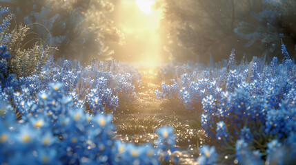 Enchanted Blue Wildflower Meadow at Sunrise