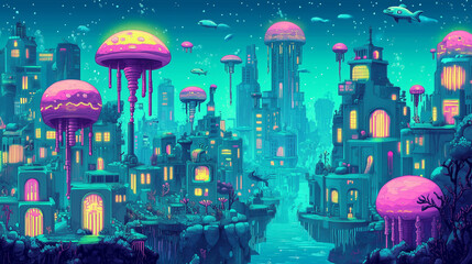 Underwater cartoon city Neon fish driving tiny submarines, squid janitors cleaning coral skyscrapers, bubbly UFO-shaped jellyfish