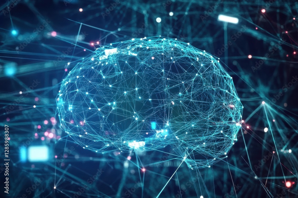 Poster digital neural network representation illustrating brain connections and data flow in a futuristic l
