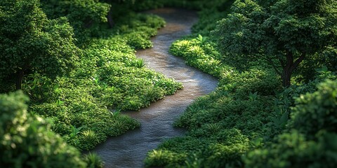 Serene forest stream surrounded by lush greenery at midday showcasing nature's tranquility