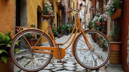 Fototapeta premium Vintage bike parked on cobblestone alleyway, colorful buildings, flowers in pots