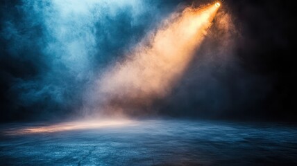 Enchanting fog-filled stage illuminated by a captivating glowing spotlight, creating a mystical atmosphere.
