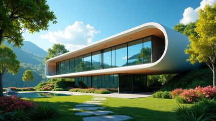 Modern Architectural Design Sleek, Curvilinear Home with Expansive Glass Windows and Landscaped Grounds