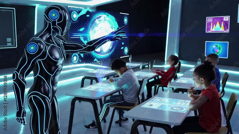 Poster Futuristic classroom where a robot teacher presents an interactive globe to students using augmented reality on transparent digital tablets, captured in slow motion