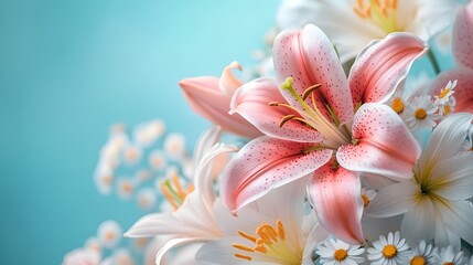 Naklejka premium Fragrant Pink and White Lily Blossoms in Soft Floral Bouquet