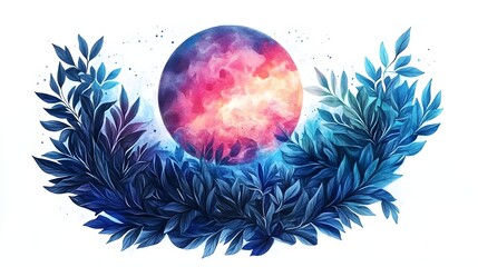 Obraz premium Cosmic Nature Glowing Ethereal Landscape with Mystical Floral Foliage and Celestial Moon