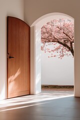 A door is open to a room with a tree in the background. The tree is pink and has blossoms