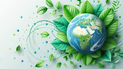 Earth surrounded by leaves, vibrant green, nature concept, environmental awareness