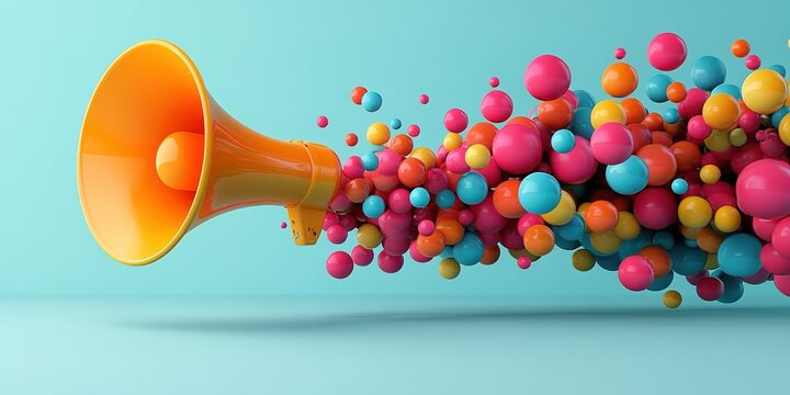 Colorful megaphone releasing vibrant spheres creating an engaging visual impact