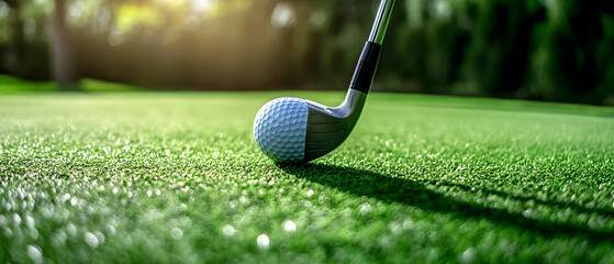 Close-up of a golf club and ball on a lush green course  -  