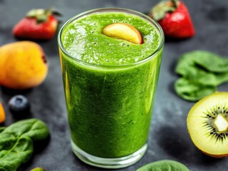 Green smoothie with peach and berries on dark background