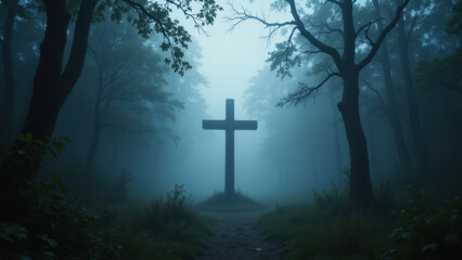 A misty forest path leading to a crucifix on a hill.