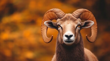 Majestic Ram Displaying Impressive Curved Horns in Autumn Background Setting