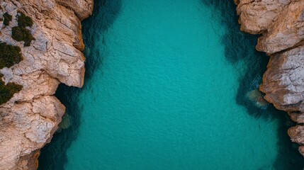 Stunning Aerial View of Turquoise Water Between Rocky Cliffs at Coastal Location