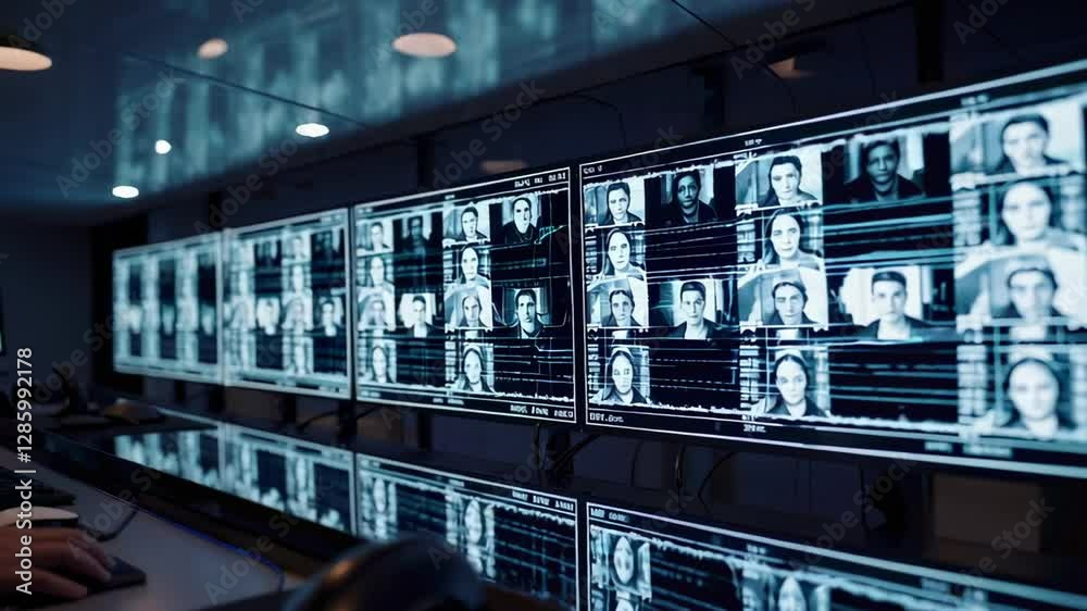 Poster Advanced security control room featuring multiple computer screens running facial recognition software, showcasing digital surveillance with professional operator analyzing biometric data