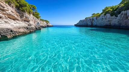 Serene Coastal Landscape with Crystal Clear Water and Rocky Cliffs in Daylight