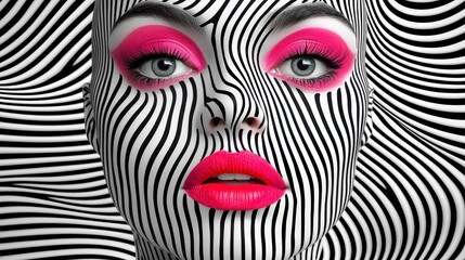 A stylish woman with pink lips and bold zebra stripes showcasing a unique and eyecatching fashion statement