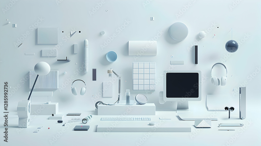 Poster minimalist workspace featuring various white objects, creating a clean and organized environment