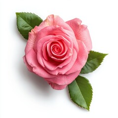 Pink Rose Blossom with Green Leaves Close up Isolated on White Background