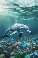 Fototapeta premium Clean ocean environment with young dolphin swimming naturally
