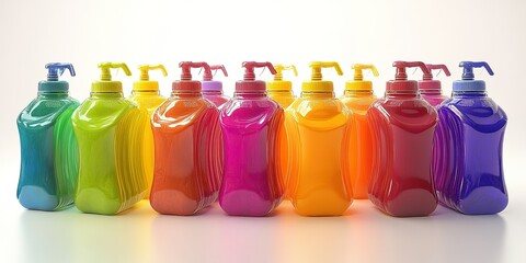 Colorful bottles of liquid soap arranged in a vibrant spectrum on a bright background