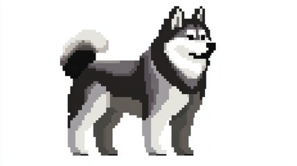 Naklejka premium Retro 8-Bit Pixel Art Dog Alaskan Malamute in Low-Resolution 