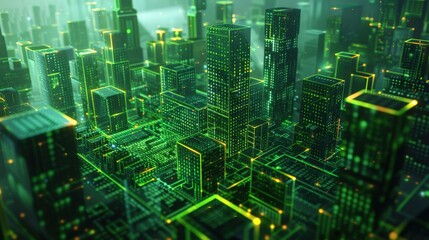 Futuristic digital city skyline; glowing green structures; digital network; city in the background