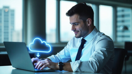 Businessman is downloading data from cloud computing storage service using laptop in office