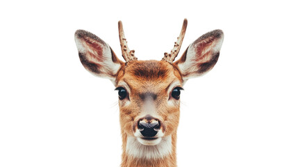 Young deer with antlers poses against a white background in a close-up shot, showcasing its curious expression and charming features