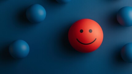 Bright Red Smiley Face Ball Surrounded by Blue Balls on Dark Blue Background