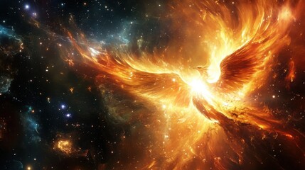 Naklejka premium A radiant celestial phoenix rises from the remnants of a dying supernova, igniting the cosmos