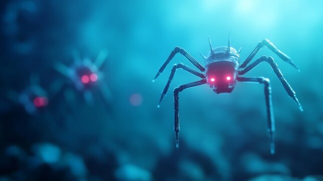 Futuristic spider robot, night vision, deep forest
