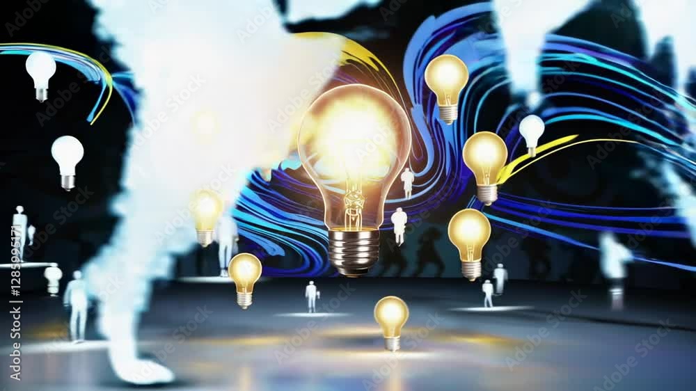 Aufkleber light bulbs illuminate a dark space with colorful swirls and human silhouettes in the background, sy