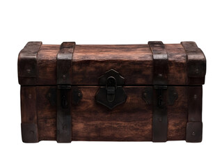 An antique wooden treasure chest with metal straps, perfect for storing valuables or as a decorative piece in various settings.
