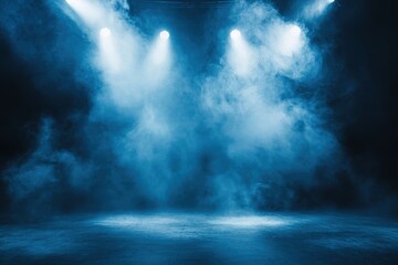 Atmospheric stage enveloped in fog, illuminated by dynamic spotlights for a captivating performance ambiance.