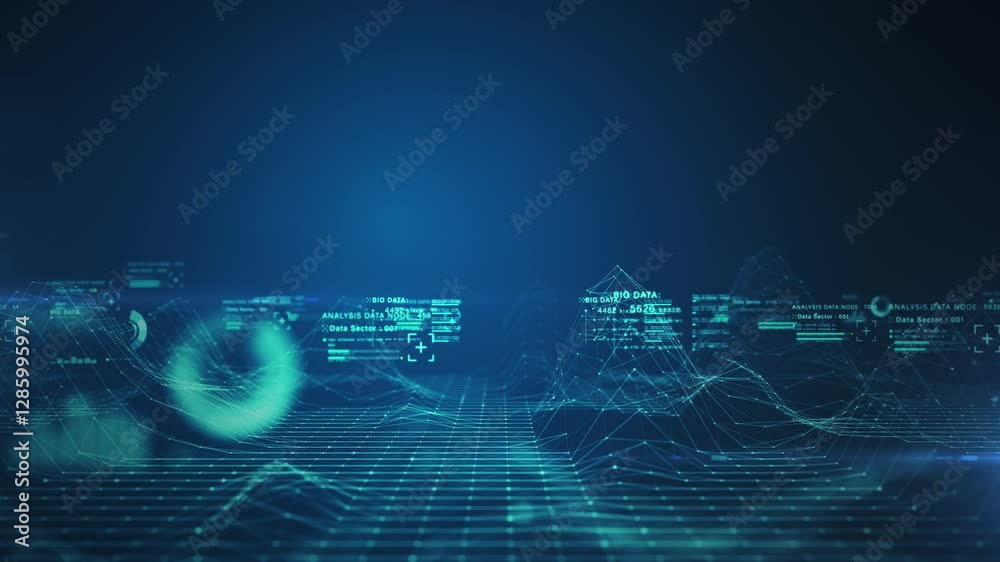 Aufkleber Abstract digital landscape with data visualization, Data analytics and technology network. Technology blockchain, and big data connection. Background 4k