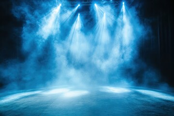Fototapeta premium Atmospheric stage enveloped in fog, illuminated by dynamic spotlights for a captivating performance ambiance.