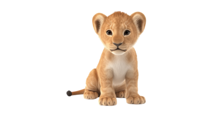 Cute lion cub sitting quietly while looking curiously at the viewer in a friendly manner
