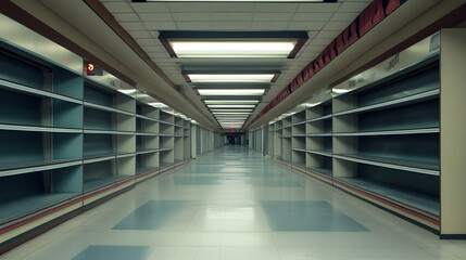 Fototapeta premium Deserted retail corridor with empty shelving units and quiet atmosphere - 