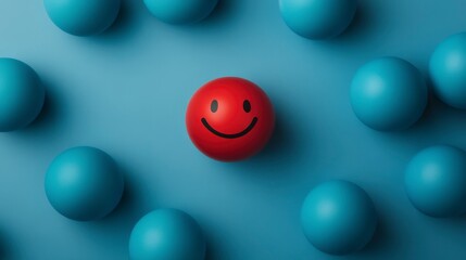 Vibrant Red Smiley Ball Surrounded by Blue Balls on Light Blue Background