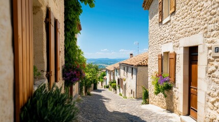 Fototapeta premium Charming Stone Village Street with Colorful Flowers and Scenic Landscape View