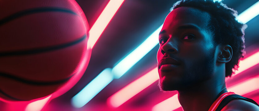 Determined basketball player illuminated by intense neon lighting  -  