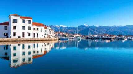 Serene Coastal Village with Reflections in Calm Water Beneath Clear Blue Sky