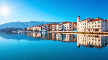 Obraz premium Serene Coastal Village with Reflections and Clear Blue Sky in Vibrant Colors