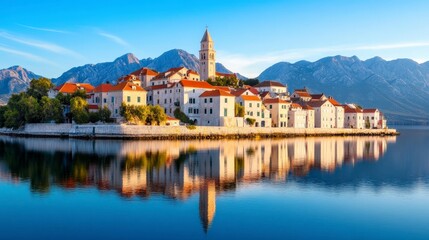 Scenic Coastal Town with Colorful Buildings and Mountain Reflections at Sunrise