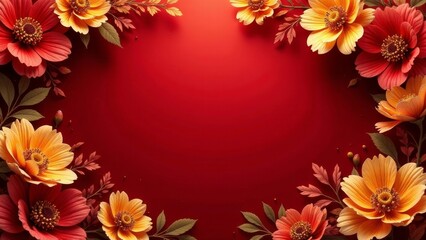 Vibrant Autumnal Floral Frame on Rich Red Background, Perfect for Festive Invitations or Elegant Announcements