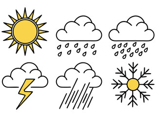 Colorful Weather Icons Set - Sun, Rain, Cloud, Lightning, and Snowflakes in Bold, Simple Design
